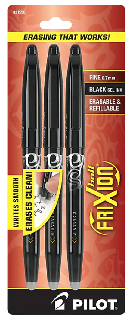 PENS, GEL, PILOT, ERASABLE, FINE POINT, BLACK INK, 3/CT MAIN